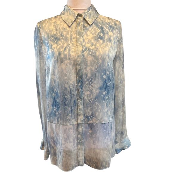 Elie Tahari 100% Blue Green Watery Silk Button down Sheer Sleeves Shirt Medium M - Picture 3 of 10